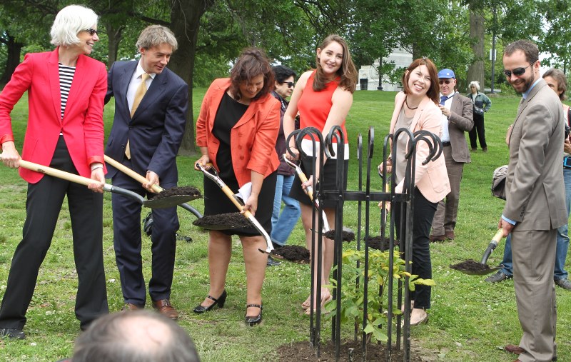 The speakers ceremonially shovel mulch onto the sapling