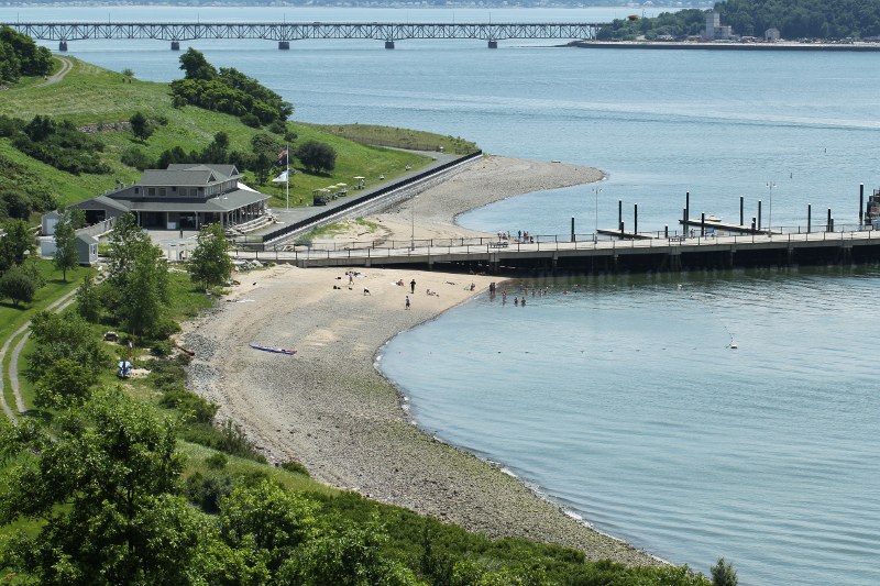 Visitor center and beach on Spectacle Island